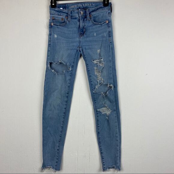 American Eagle Blue Destroyed Raw Hem Denim Jeggings Jeans Size 00 Short - Picture 1 of 10